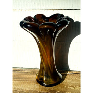 Vintage Mid Century Amber Slag Glass Vase 6.25" Tall